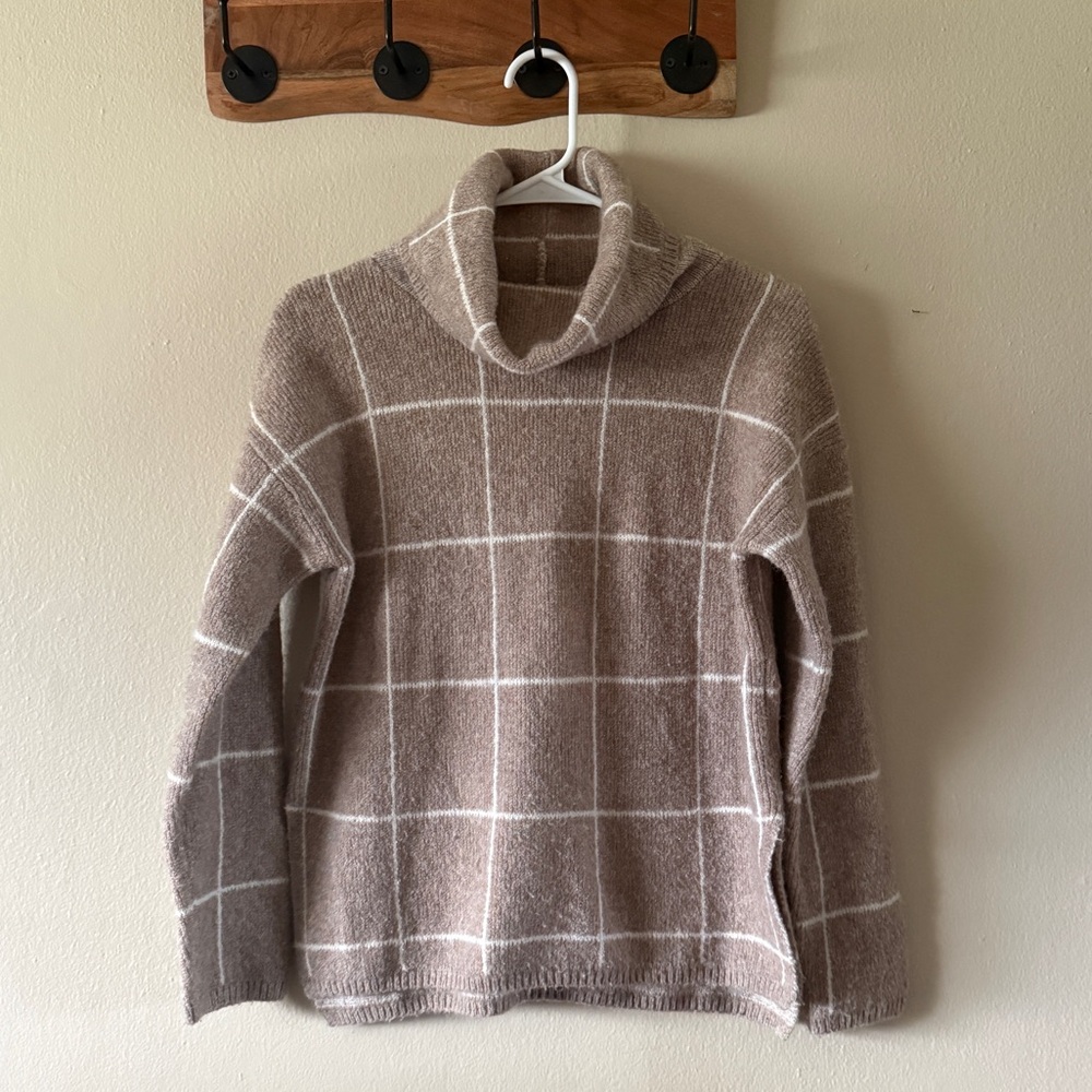 Madewell Windowpane Plaid Wool Blend Oversized Cowl Turtleneck Sweater Size XS